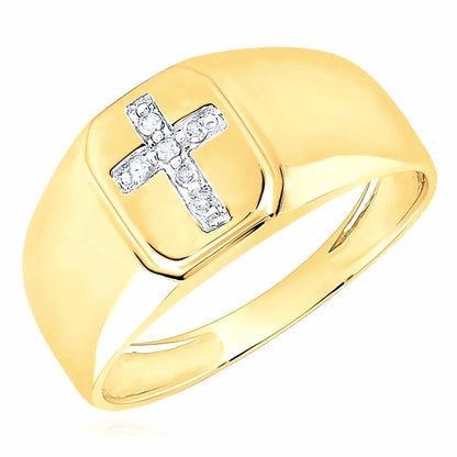 0.06CTW Real Diamond 10K Yellow Gold Cross Signet Ring