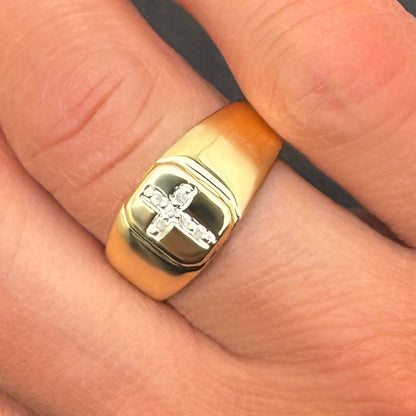 0.06CTW Real Diamond 10K Yellow Gold Cross Signet Ring