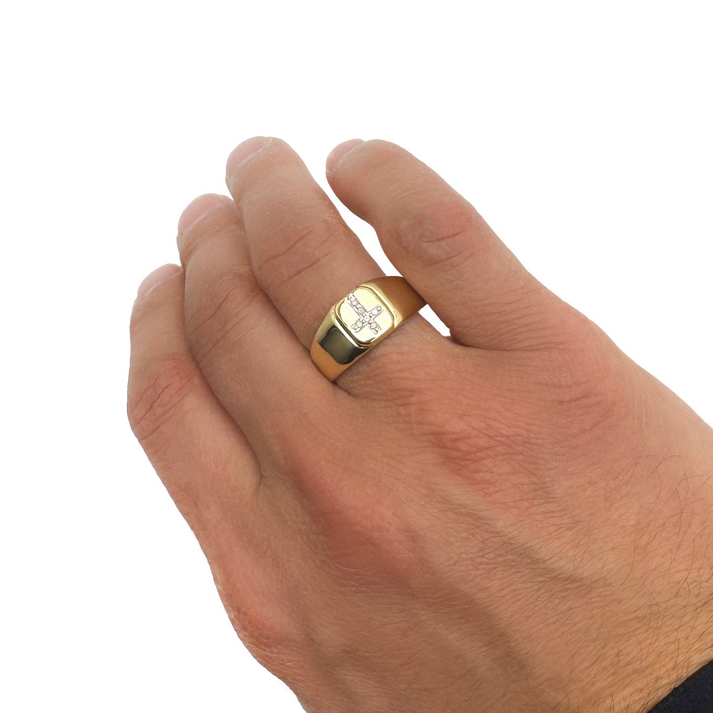 0.06CTW Real Diamond 10K Yellow Gold Cross Signet Ring