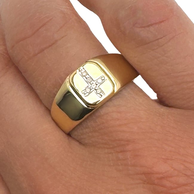 0.06CTW Real Diamond 10K Yellow Gold Cross Signet Ring