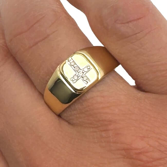 0.06CTW Natural Diamond 10K Yellow Gold Cross Signet Ring - WJD Exclusives