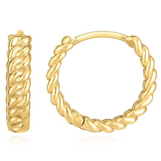 14K Real Gold Braided Huggie Hoop Snap Clasp Earrings 14mm