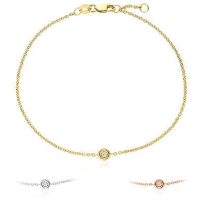 Natural Diamond 14K Yellow White Rose Gold Solitaire Cable Bracelet (Solid Links) 6.5" - 7" Adjustable - WJD Exclusives
