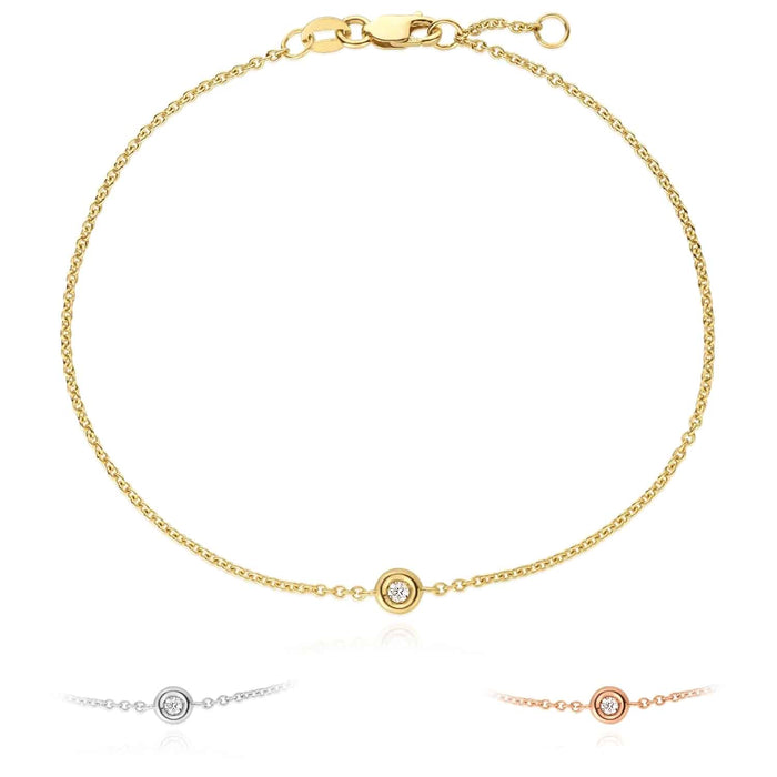 Natural Diamond 14K Yellow White Rose Gold Solitaire Cable Bracelet (Solid Links) 6.5" - 7" Adjustable - WJD Exclusives