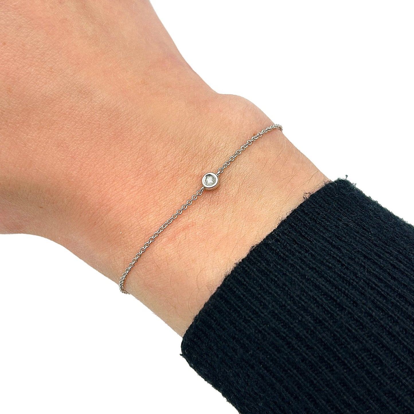 Real Diamond 14K Real Gold White Rose Solitaire Cable Bracelet 6.5-7" Adjus