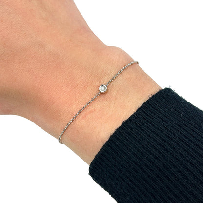 Real Diamond 14K Real Gold White Rose Solitaire Cable Bracelet 6.5-7" Adjus