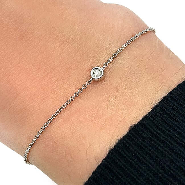 Natural Diamond 14K Yellow White Rose Gold Solitaire Cable Bracelet (Solid Links) 6.5" - 7" Adjustable - WJD Exclusives