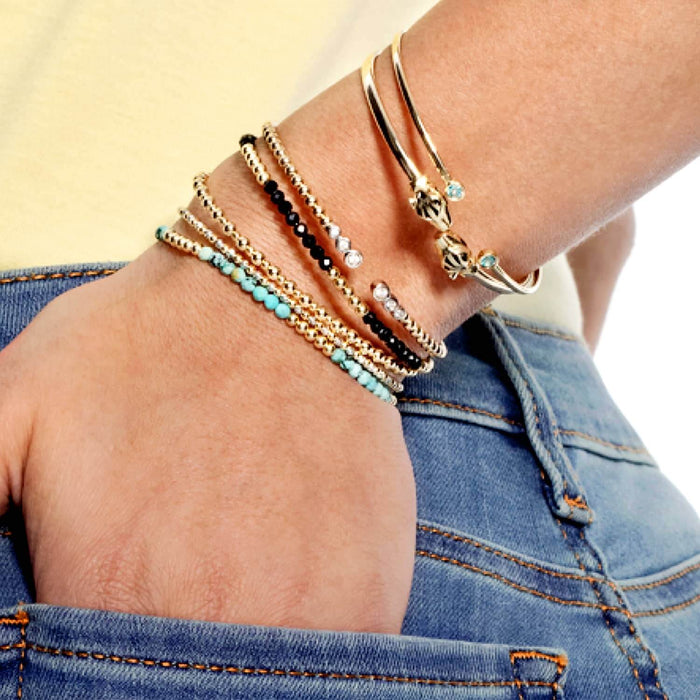 14K Yellow Gold 3.5mm Ball Beaded Black Onyx Bracelet (Solid Links) 7" - WJD Exclusives