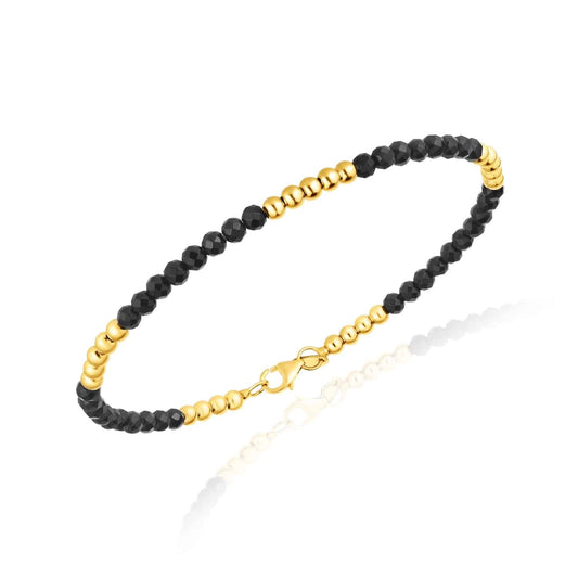 14K Real Gold Yellow 3.5mm Ball Beaded Black Onyx Bracelet 7"