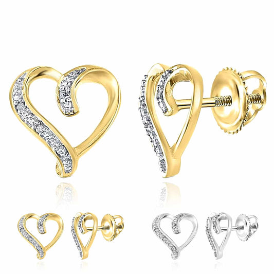 Real Diamond 18K Gold Over Silver Yellow White Open Heart Stud Earrings