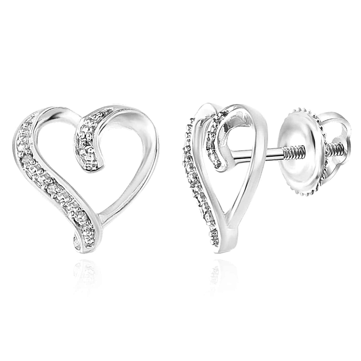 Natural Diamond 18K Gold Over Silver Yellow White Open Heart Stud Earrings