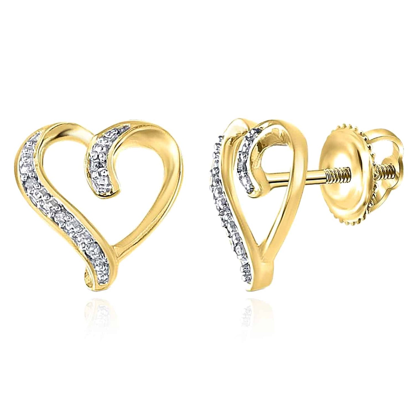 Natural Diamond 18K Gold Over Silver Yellow White Open Heart Stud Earrings