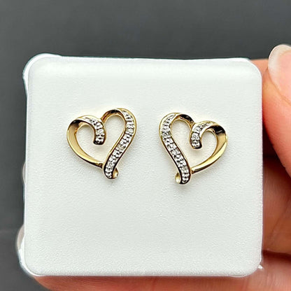 Natural Diamond 18K Gold Over Silver Yellow White Open Heart Stud Earrings