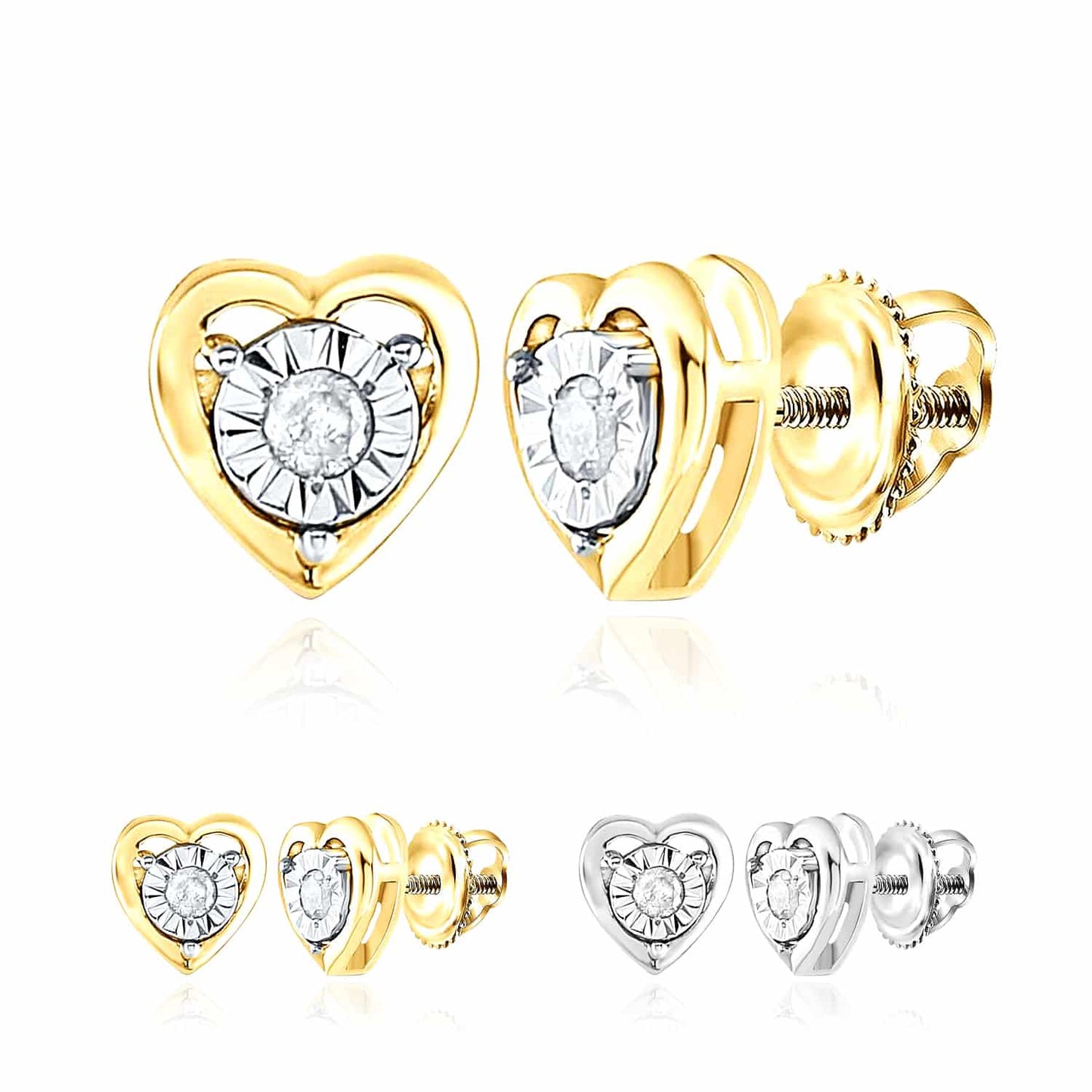 0.06CTW Real Diamond 18K Gold Over Sterling Silver Heart Stud Earrings 5.7mm