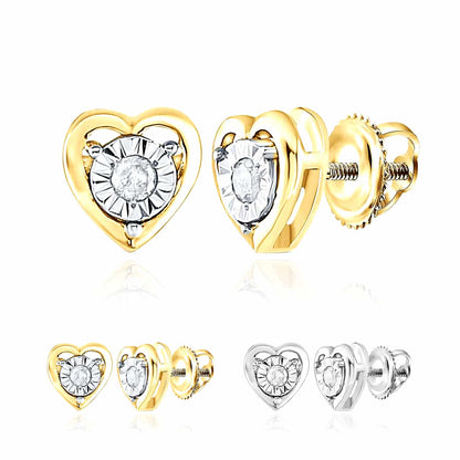 0.06CTW Real Diamond 18K Gold Over Sterling Silver Heart Stud Earrings 5.7mm