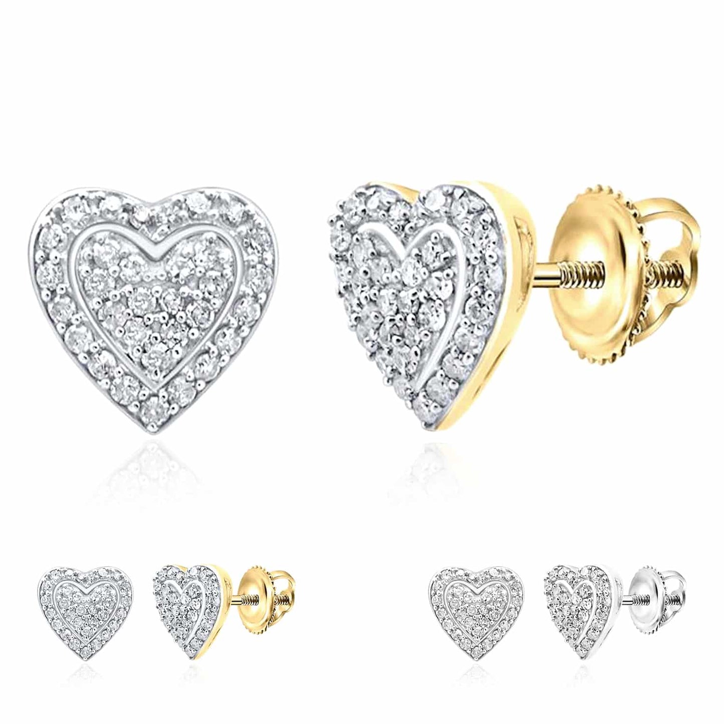 0.25CTW Real Diamond Gold Over Silver Heart Cluster Stud Earrings 7.7mm