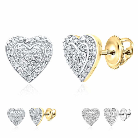0.25CTW Real Diamond Gold Over Silver Heart Cluster Stud Earrings 7.7mm
