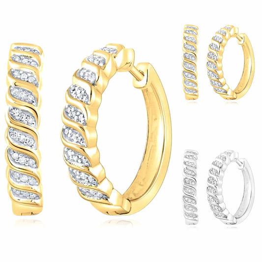 0.17CTW Real Diamond 18K Gold Over Silver Wavy Huggie Hoop Earrings 18mm