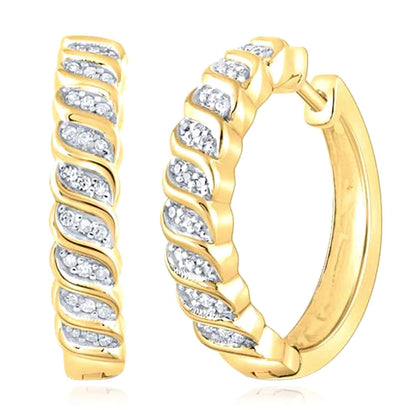 0.17CTW Real Diamond 18K Gold Over Silver Wavy Huggie Hoop Earrings 18mm