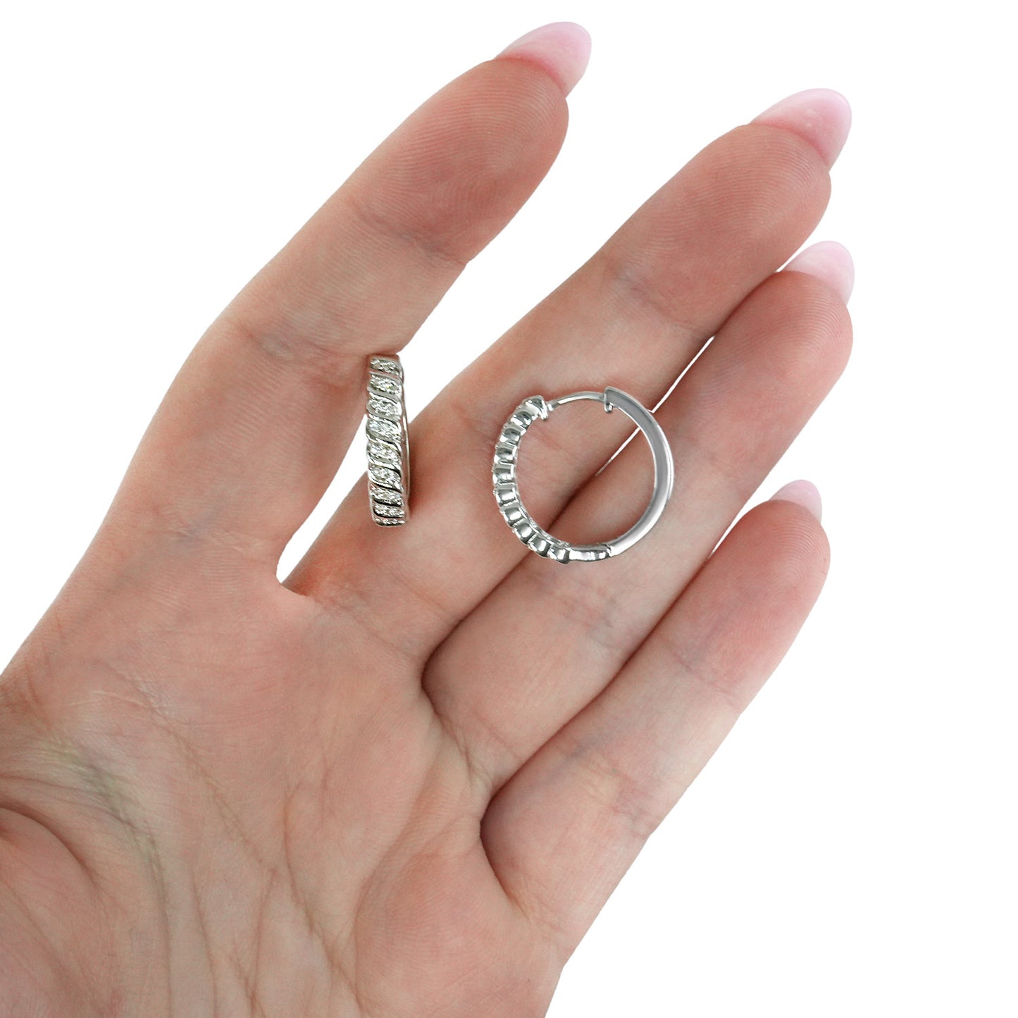 0.17CTW Natural Diamond 18K Gold Over Silver Wavy Huggie Hoop Earrings 18mm