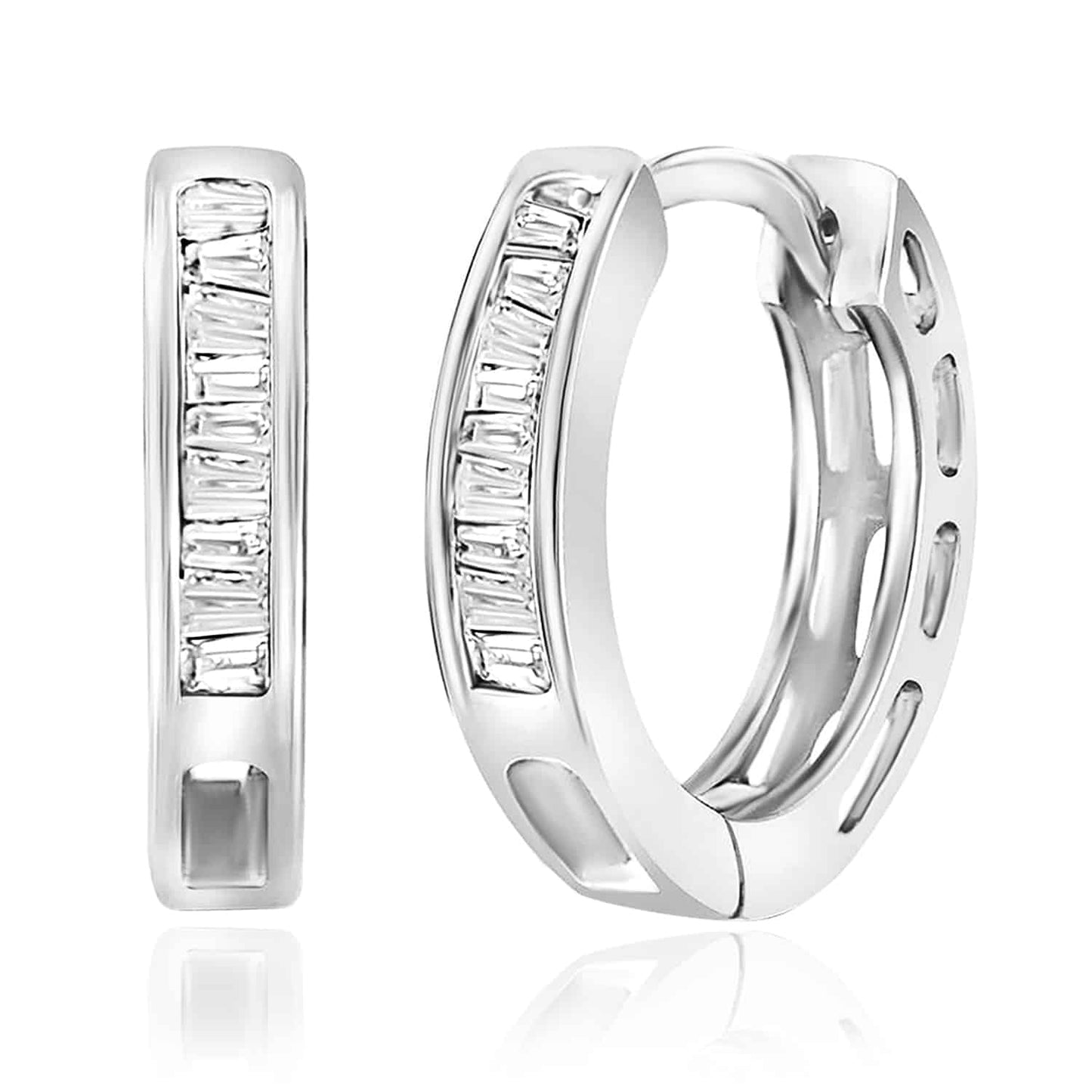 0.15CTW Real Diamond 18K Gold Over Silver Baguette Huggie Hoop Earrings 13mm