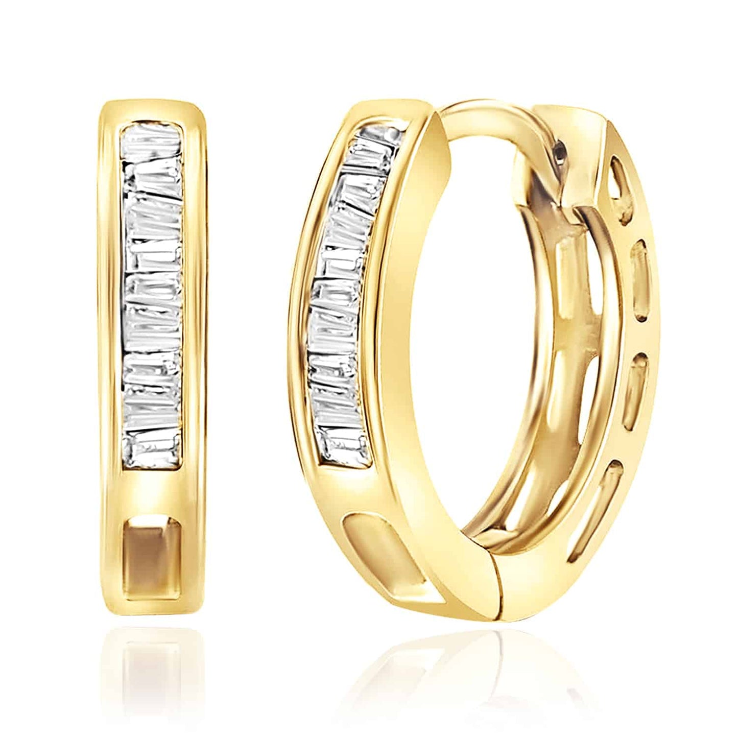 0.15CTW Real Diamond 18K Gold Over Silver Baguette Huggie Hoop Earrings 13mm
