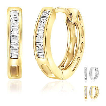 0.15CTW Real Diamond 18K Gold Over Silver Baguette Huggie Hoop Earrings 13mm
