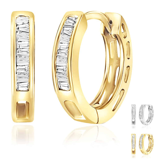 0.15CTW Real Diamond 18K Gold Over Silver Baguette Huggie Hoop Earrings 13mm