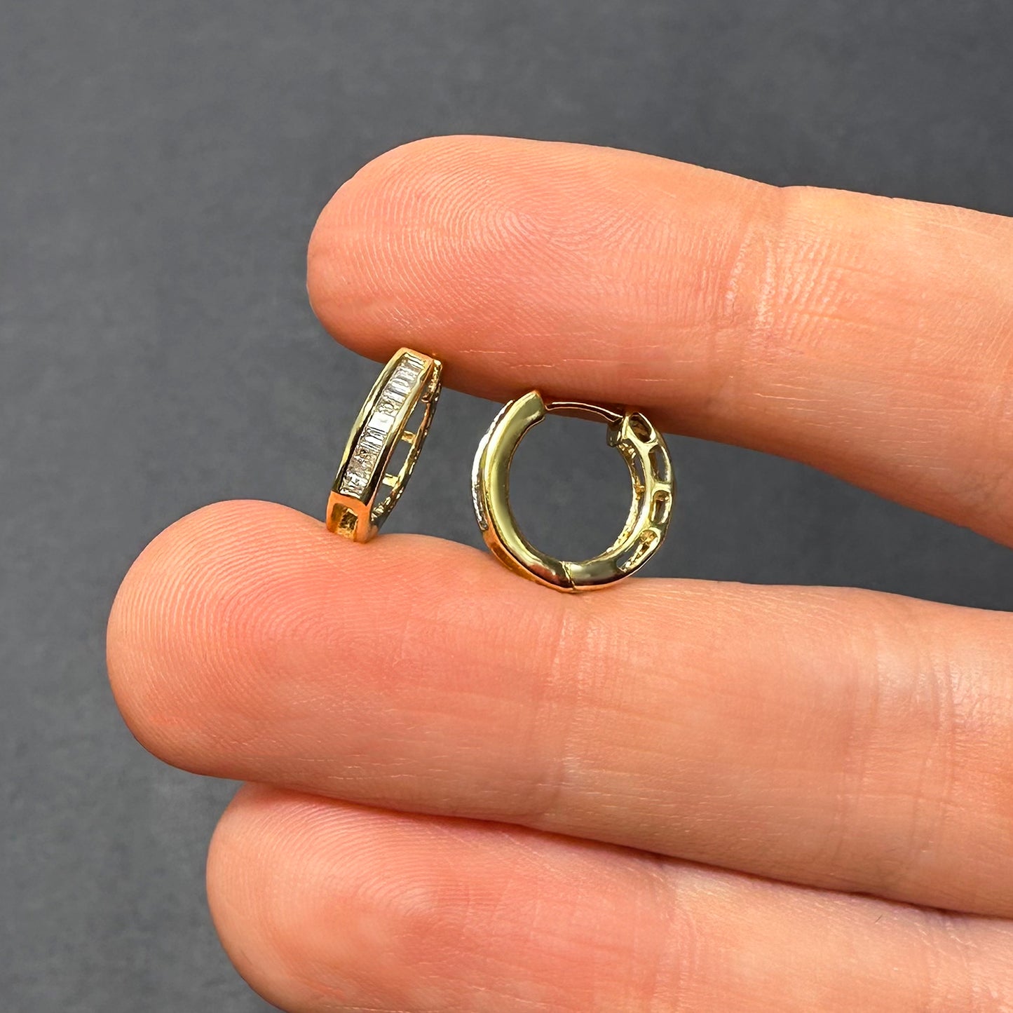 0.15CTW Natural Diamond 18K Gold Over Silver Baguette Huggie Hoop Earrings 13mm