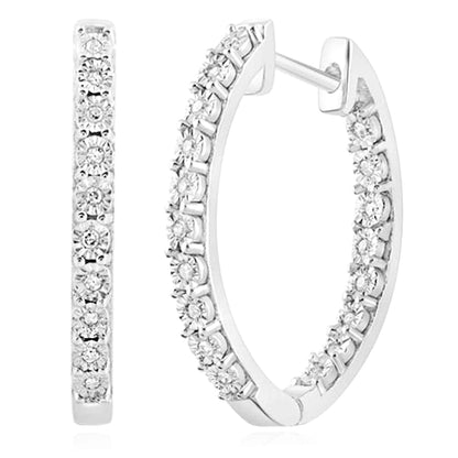 0.11CTW Real Diamond Sterling Silver Inside Outside Hinged Hoop Earrings 20mm