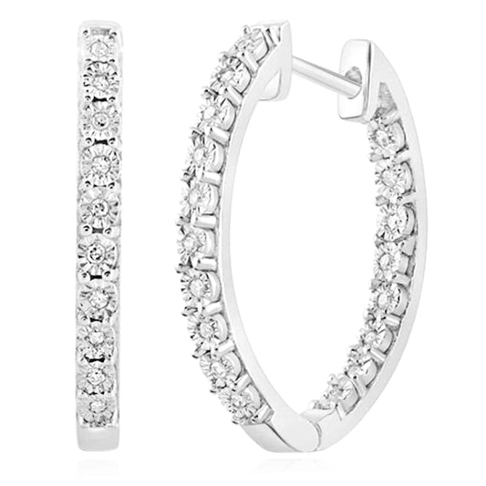 0.11CTW Real Diamond Sterling Silver Inside Outside Hinged Hoop Earrings 20mm