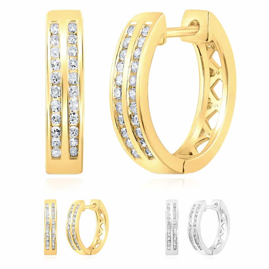 0.30CTW Real Diamond 18K Gold Over Silver Yellow White Hoop Earrings 15mm