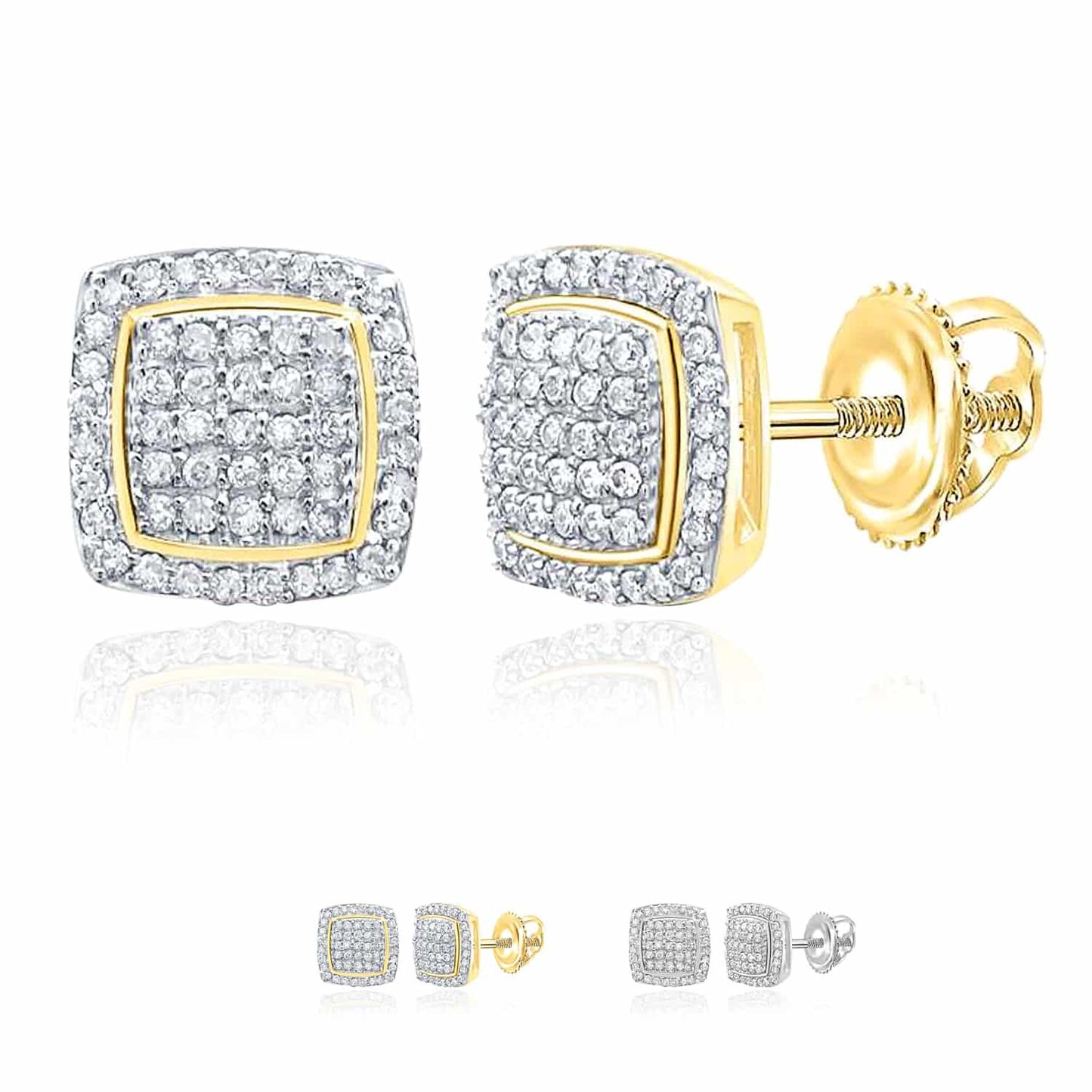 0.33CTW Real Diamond 18K Gold Over Silver Yellow White Square Stud Earrings
