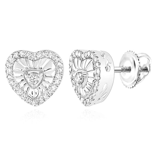 0.23CTW Real Diamond Sterling Silver Heart Stud Screw Back Earrings 7.7mm