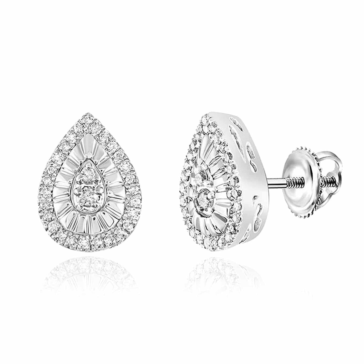 0.22CTW Real Diamond Sterling Silver Pear Stud Screw Back Earrings 9.5mm