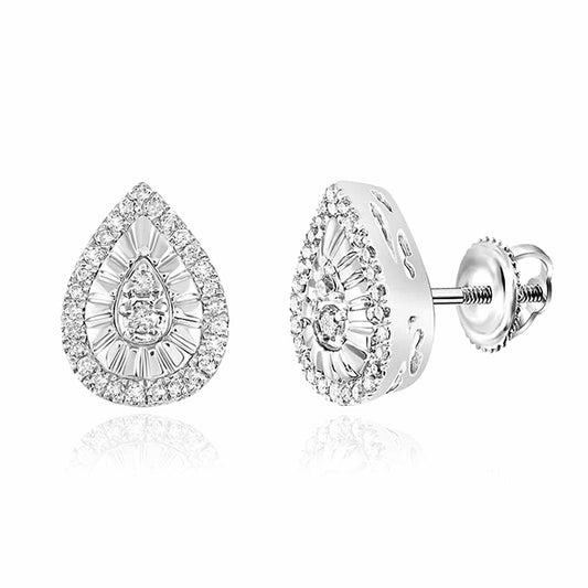 0.22CTW Real Diamond Sterling Silver Pear Stud Screw Back Earrings 9.5mm