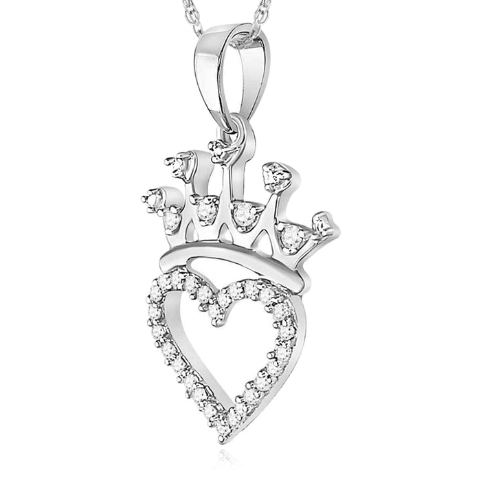 0.10CTW Natural Diamond Yellow White Sterling Silver Crown Heart Pendant 0.8" - WJD Exclusives