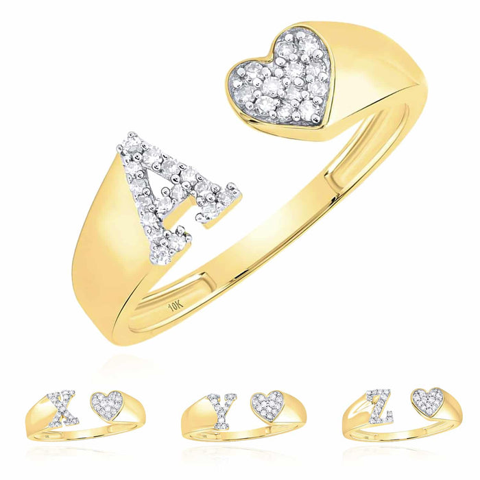 0.10CTW Natural Diamond 10K Yellow Gold Heart Initial Cocktail Open Ring - WJD Exclusives