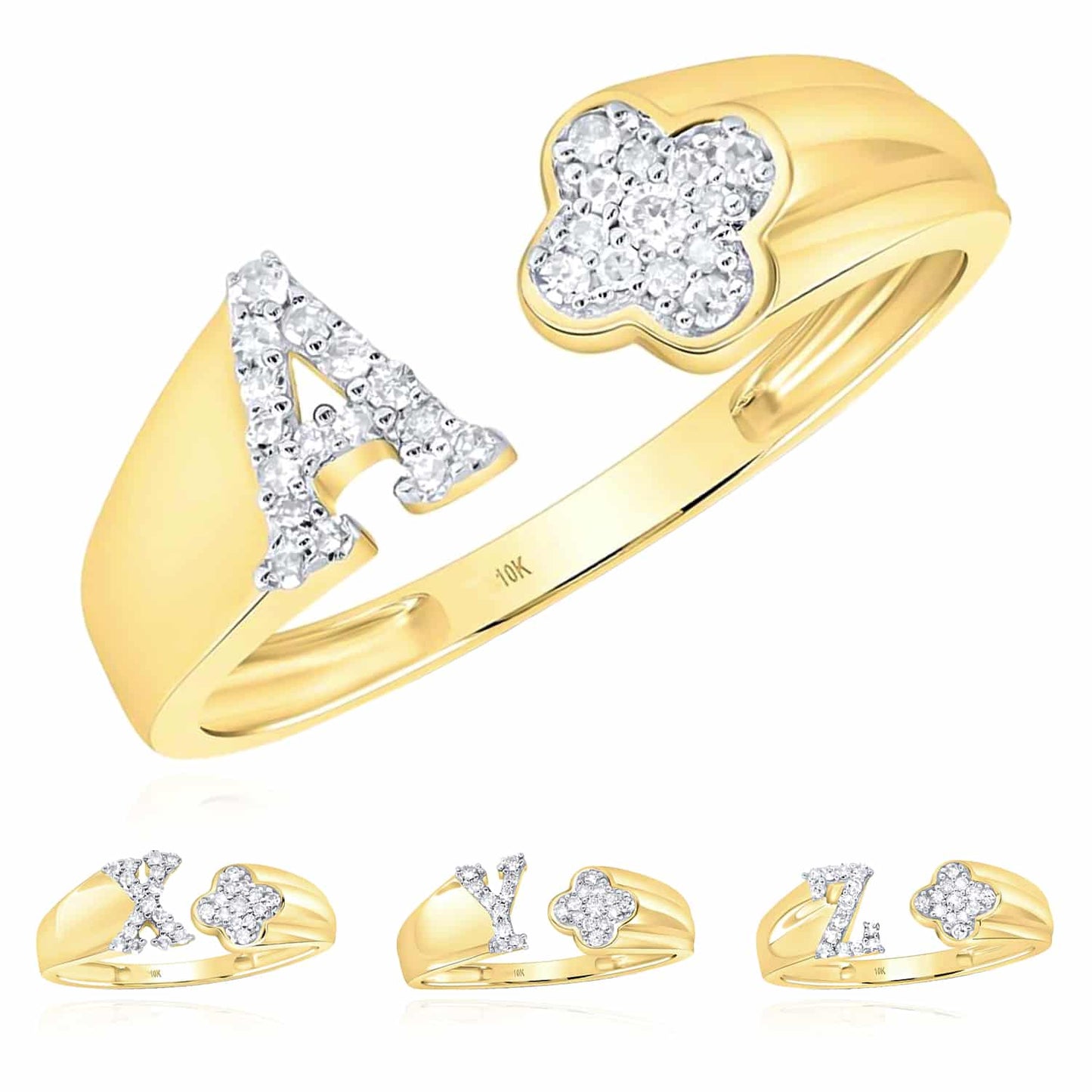0.12CTW Real Diamond 10K Yellow Gold Clover Leaf Initial Cocktail Open Ring