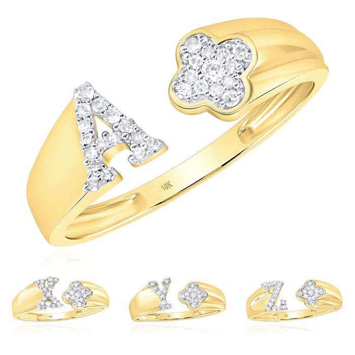 0.12CTW Natural Diamond 10K Yellow Gold Clover Leaf Initial Cocktail Open Ring - WJD Exclusives