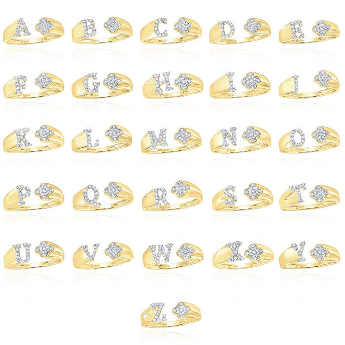 0.12CTW Natural Diamond 10K Yellow Gold Clover Leaf Initial Cocktail Open Ring - WJD Exclusives
