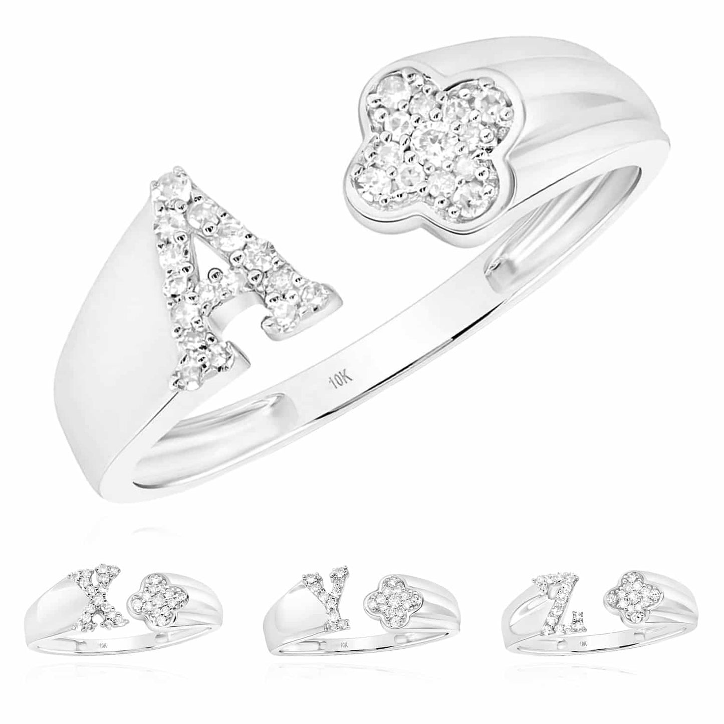 0.12CTW Real Diamond 10K White Gold Clover Leaf Initial Cocktail Open Ring