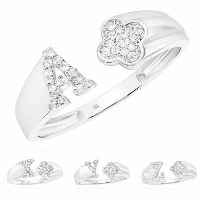 0.12CTW Real Diamond 10K White Gold Clover Leaf Initial Cocktail Open Ring