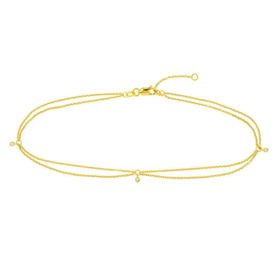 0.04CTW Natural Diamond 14K Yellow Gold Double Layer Anklet (Solid Links) 9" - 10" Adjustable - WJD Exclusives