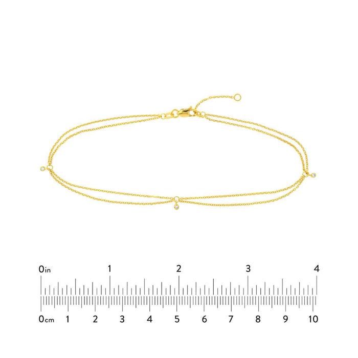 0.04CTW Natural Diamond 14K Yellow Gold Double Layer Anklet (Solid Links) 9" - 10" Adjustable - WJD Exclusives