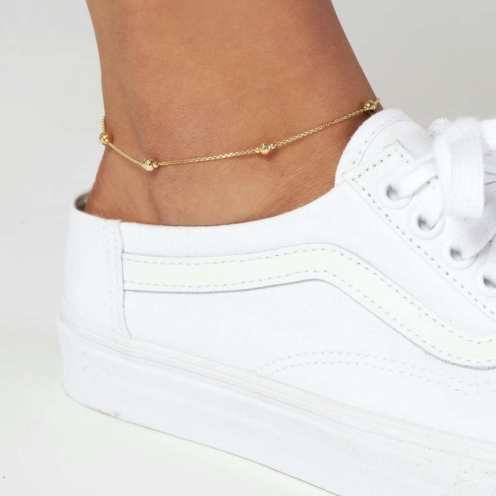 14K Yellow Gold Diamond - Cut Mini Beaded Anklet (Solid Links) 9" - 10" Adjustable - WJD Exclusives