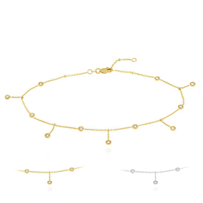 14K Yellow White Gold CZ Bezel Station Drop Anklet (Solid Links) 9" - 10" Adjustable - WJD Exclusives