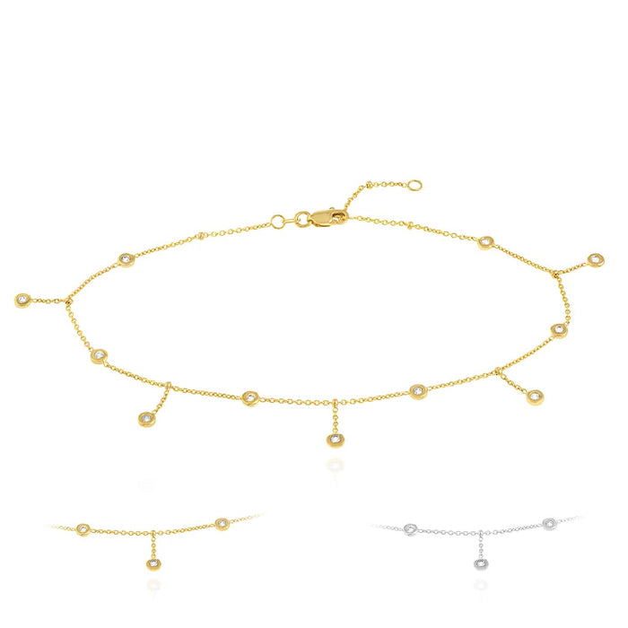 14K Yellow White Gold CZ Bezel Station Drop Anklet (Solid Links) 9" - 10" Adjustable - WJD Exclusives