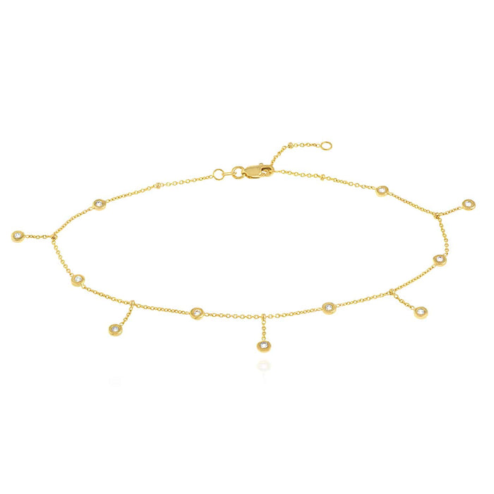 14K Yellow White Gold CZ Bezel Station Drop Anklet (Solid Links) 9" - 10" Adjustable - WJD Exclusives