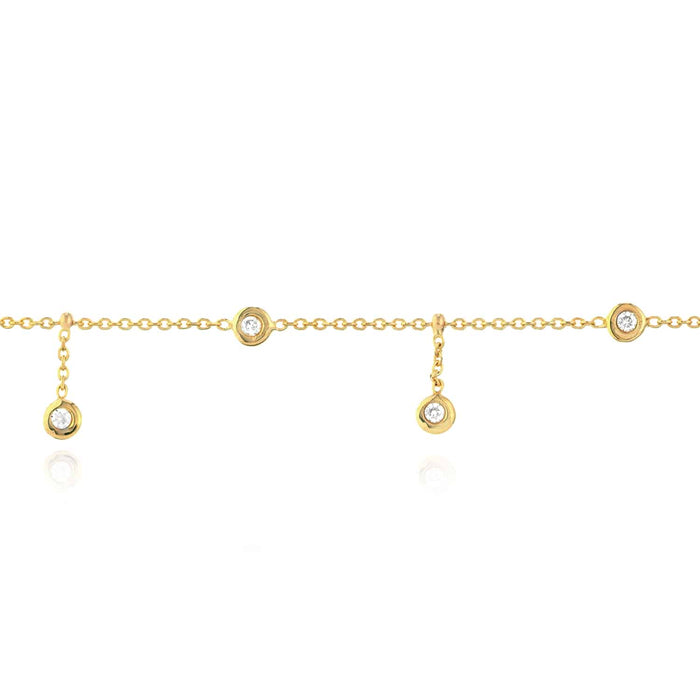 14K Yellow White Gold CZ Bezel Station Drop Anklet (Solid Links) 9" - 10" Adjustable - WJD Exclusives